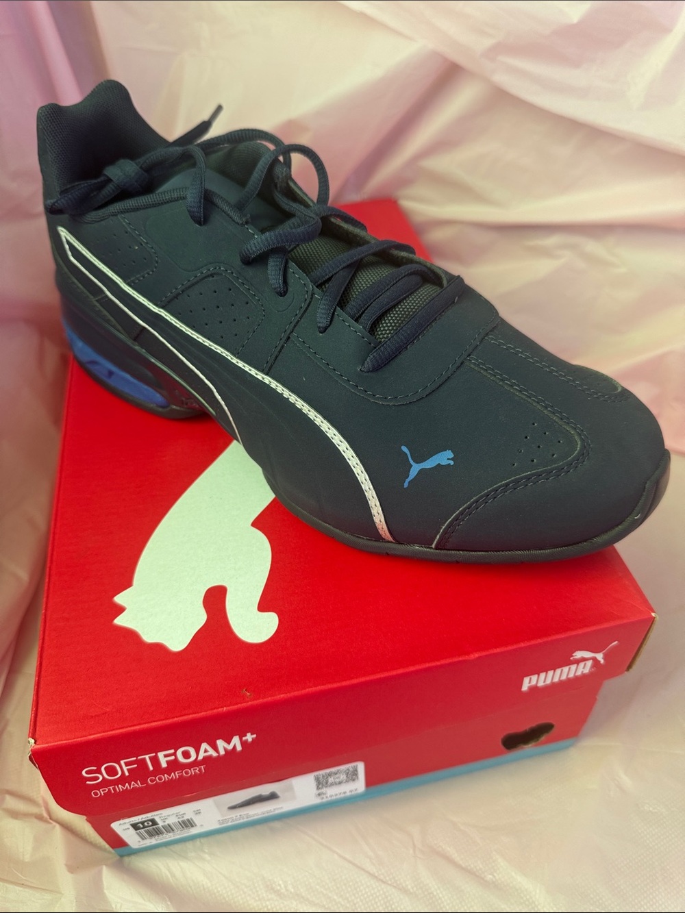 Puma Men's Navy Sneaker with Light Blue Logo and White Formstripe